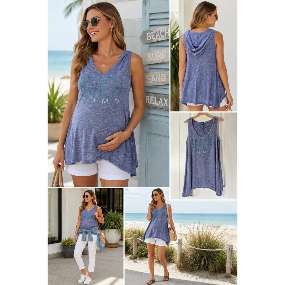 Beach Bump Motherhood Maternity Hooded Tank Top Beach Graphic Blue Purple...